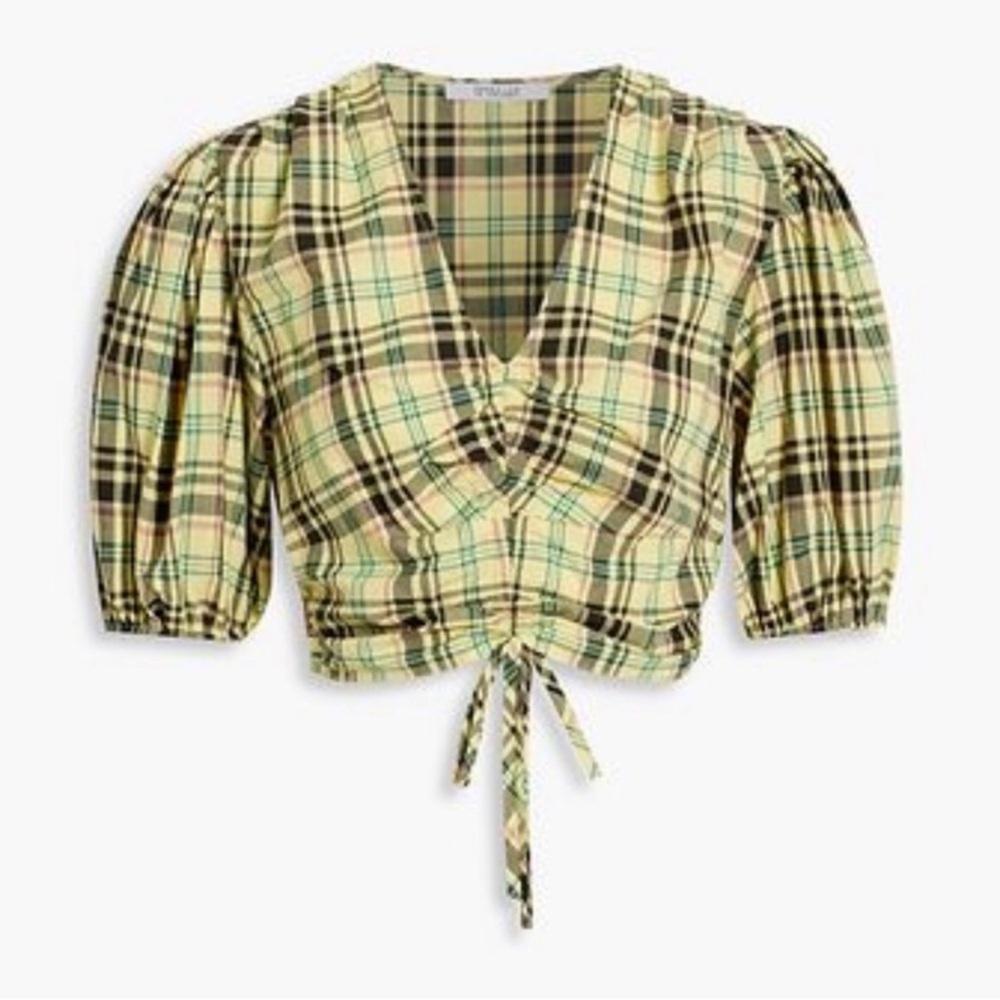 Derek Lam plaid blouse with V neck and puff sleeves. New W/tags. Size 4